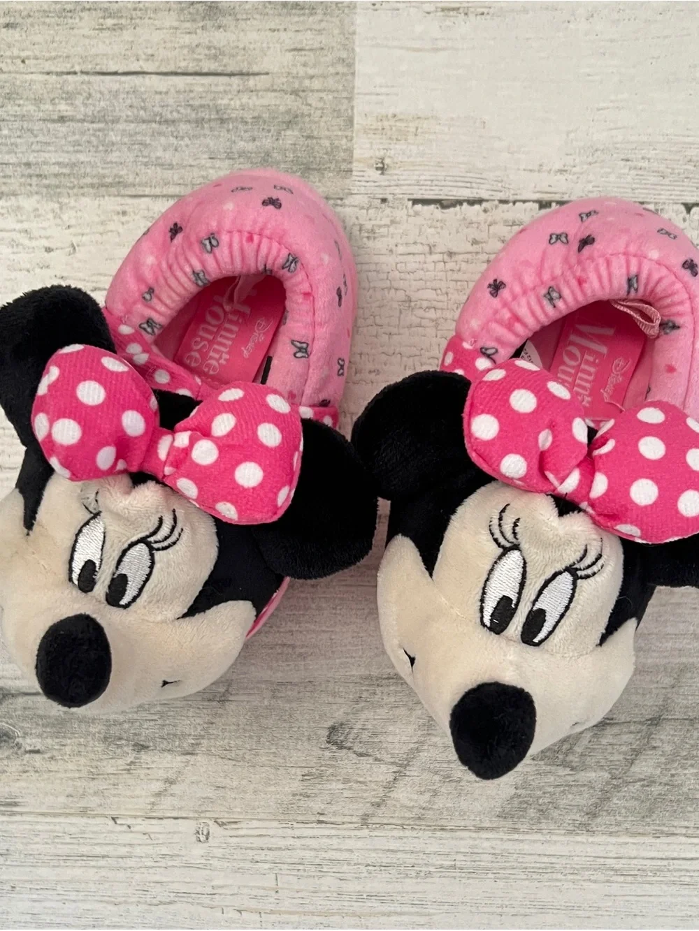Disney Minnie Mouse Plush Slippers Toddler Girls Size 7/8 Pink Polka Dot Bows